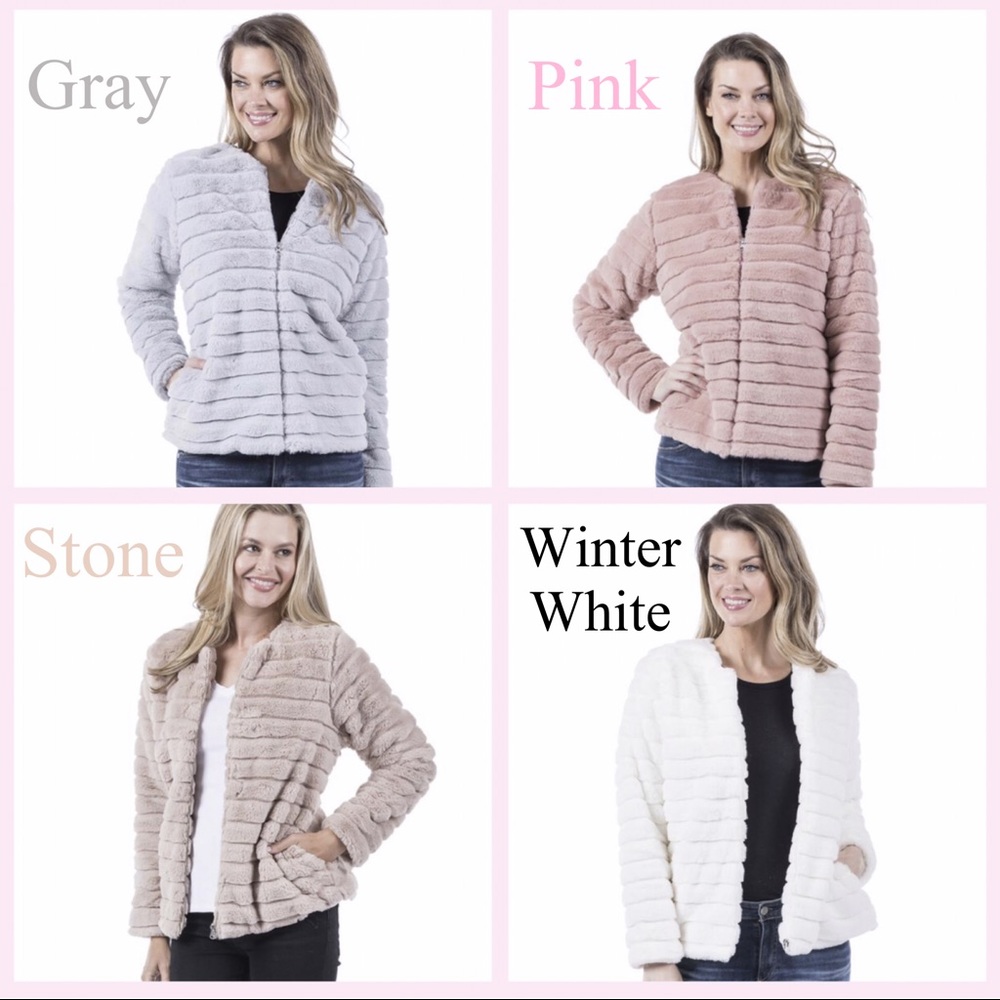 Katydid Beige Stone Faux Fur Bomber Jacket - Picture 2 of 9